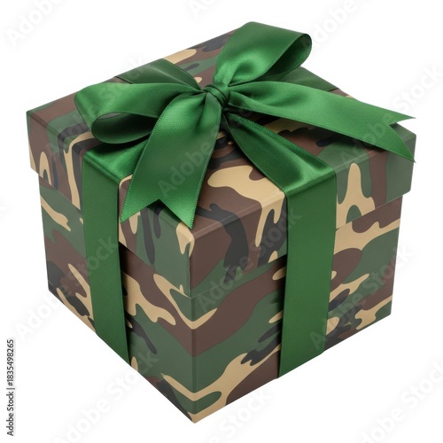 Camouflage patterned gift box with a green satin ribbon tied in a bow isolated on white background