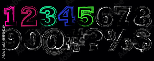 Colorful grunge numbers and symbols on a black background vector illustration