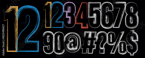 Colorful hand drawn numbers and symbols on a black background design