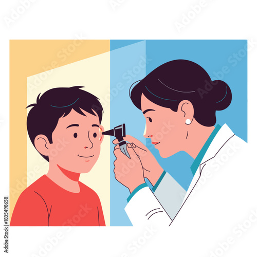 A young boy smiles confidently as a doctor carefully examines his ear with an otoscope, ensuring his auditory health in a routine check-up setting.