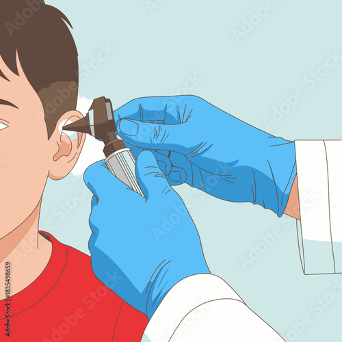 A doctor wearing blue gloves uses an otoscope to examine a young boy's ear, checking for infection or other problems in a medical setting.