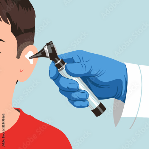 An illustration depicts a doctor in blue gloves using an otoscope to examine a young boy's ear during a routine checkup, ensuring his auditory health.