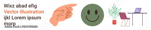 Communication, emotions, office work, creativity, remote work, graphic design. A pointing hand, happy face plant and laptop on a desk. Communication and remote work concept