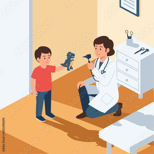 A young boy offers his toy dinosaur to a friendly female doctor during a checkup in a bright and cheerful medical office setting.
