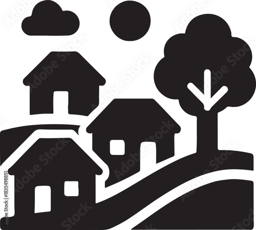 Charming village scene with solid color buildings and greenery