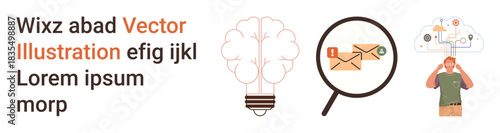 Business ideas, communication, creativity, problem-solving, remote work, digital connectivity. Brain with lightbulb, email under magnifying glass person with cloud of technology. Communication