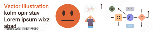 AI development, automation, mental health, human emotions, innovation, neural networks. Sad face emotion, human with brain visual and AI flow diagram. Emotional expression and AI development
