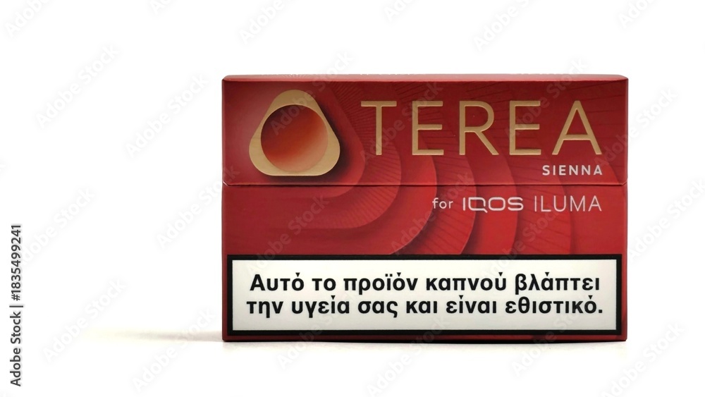 Naklejka premium Photo of a pack of TEREA tobacco sticks, the SIENA flavor-variant, isolated on white background. These sticks are designed for use with the IQOS ILUMA device.