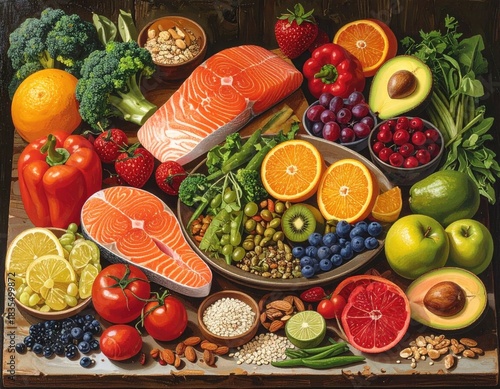 Colorful array of fresh fruits, veggies, salmon