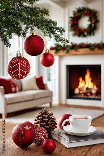 Cozy Christmas living room scene with red ornaments, pine cone, and lit fireplace