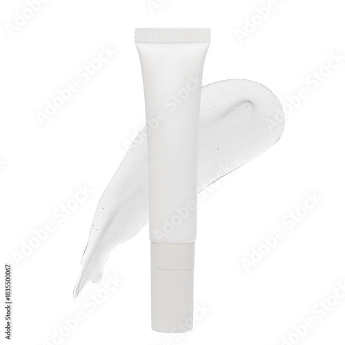 White lipgloss tube on white background with texture swatch of gloss behind