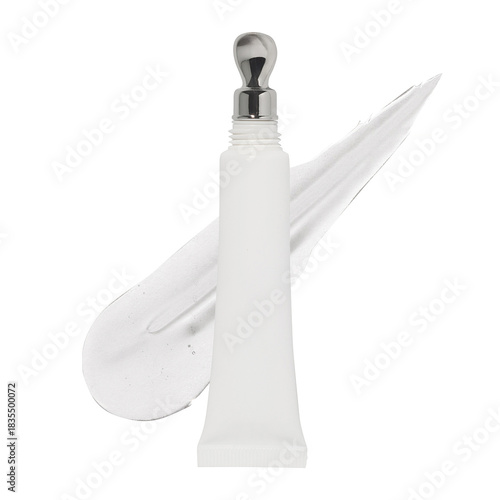White lipgloss tube on white background with texture swatch of gloss behind
