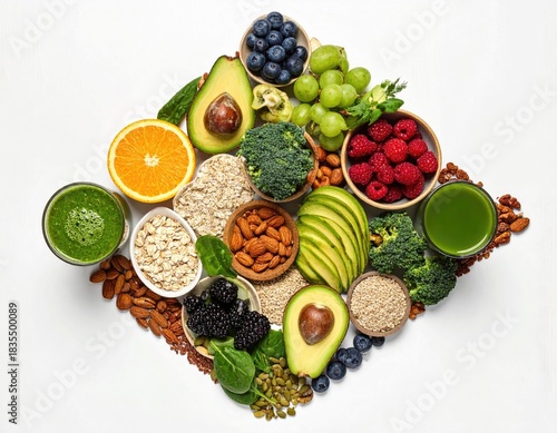 Diamond of vibrant healthy food on white backdrop