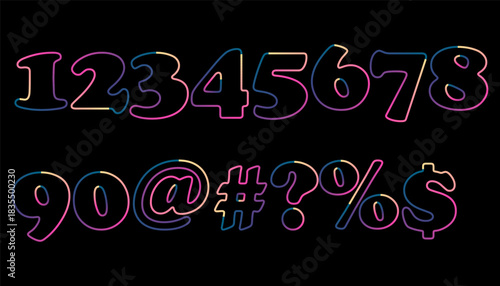 Colorful Neon Style Numbers and Symbols isolated on Black Background