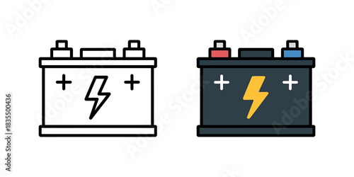 Illustration of a car battery concept showing power generation in both outline and filled colorful designs ready for use in multiple projects