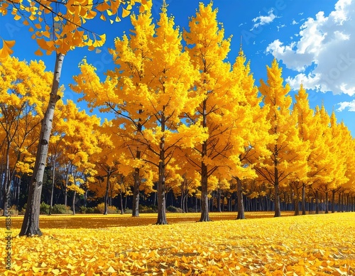Autumnal trees with brilliant yellow leaves, blue sky