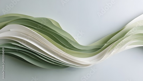 Green and white paper cut art featuring layered waves of organic shapes creating an abstract and serene texture