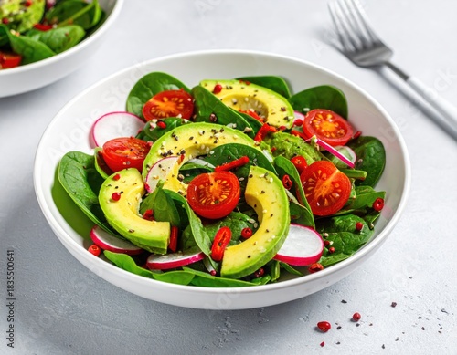 Fresh salad with avocado, spinach, tomatoes in white bowl