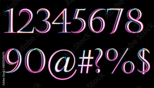 Colorful numbers and symbols artful design against black background digital illustration