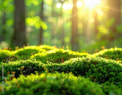 Sun shines on bright moss in a green blurred forest