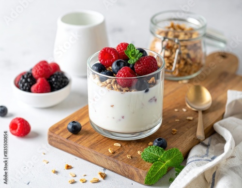 Berry parfait on wood board, creamy & fresh