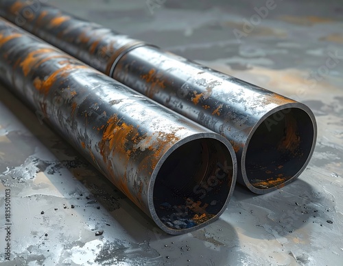 Two rusty metal pipes on a mottled concrete surface