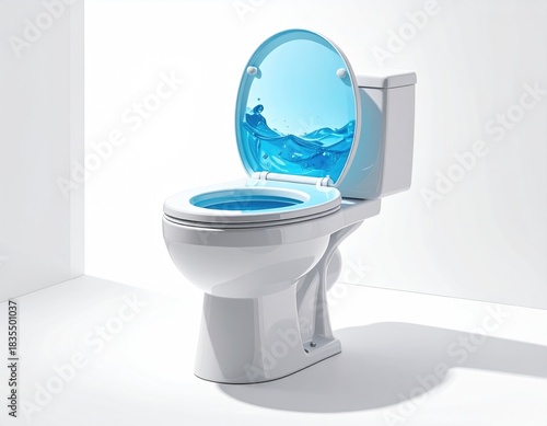 Toilet filled with blue water, splash
