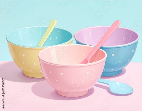 Three polka-dot bowls and spoons on a pink surface