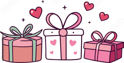 Valentines day gifts with bows in doodle style. Boxes with hearts on WB.eps