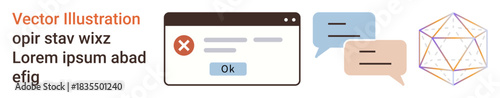 Digital communication, online errors, notifications, technology interaction, feedback, network systems. Computer error message with OK button, speech bubbles and geometric shape. Digital