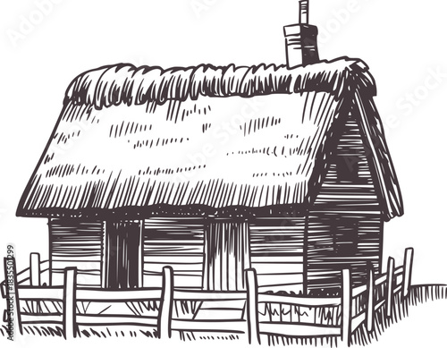 Black and white line drawing of a thatched roof cottage