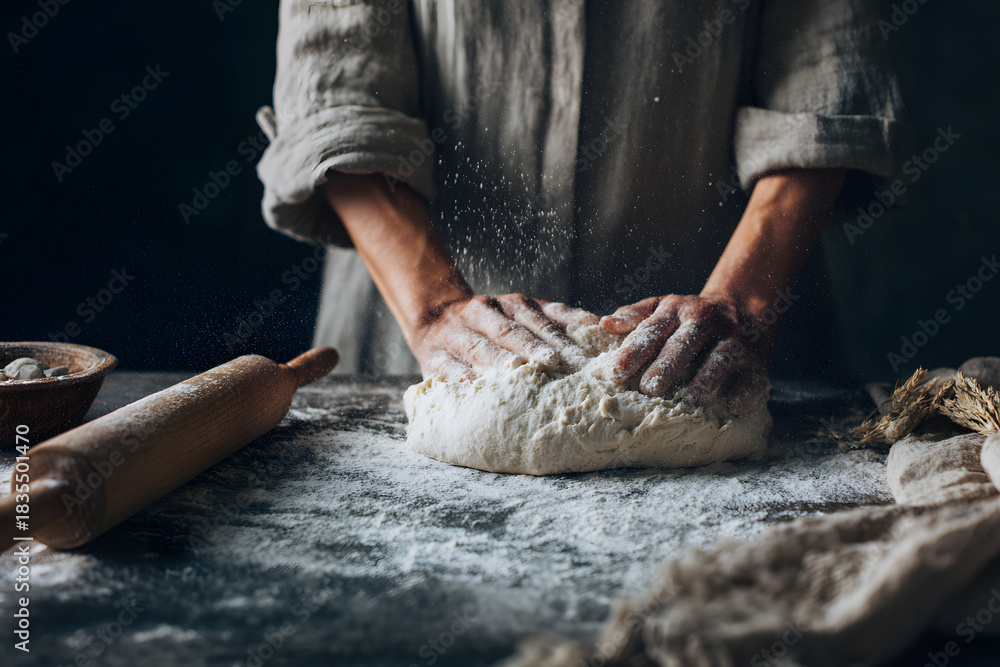 Fototapeta premium Close-up of female hands working with dough on a wooden surface, linen clothing and dark background highlighting the intimate, traditional bread-making moment