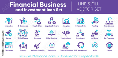 Financial Business and Fintech Icons for Global Analytics UI.