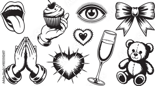 Eye, mouth, hand, heart & teddy bear in vintage ink etching. Surreal gothic collage with stippled texture. Vector illustration for dark romantic banners or alt music posters