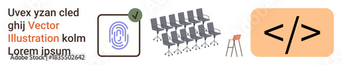 Security, authentication, workplace setup, software coding, data analysis, technology. Fingerprint icon, coding symbol and office chairs in a line. Security and workplace