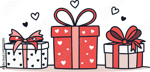 Valentines day gifts with bows in doodle style. Hand drawn sketch on white.