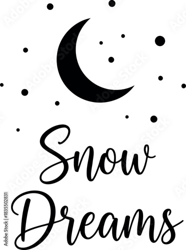 Illustration of a crescent moon with dots and the words snow dreams below it