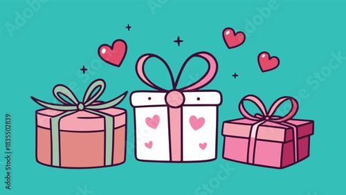 Valentines day gifts with bows in doodle style. Set holiday boxes with hearts.