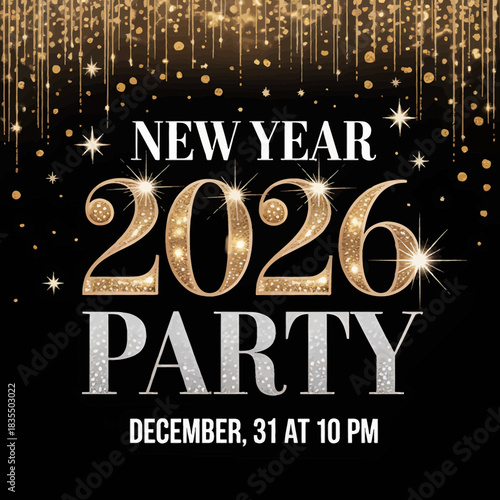 Elegant New Year 2026 Party Invitation with Golden and Silver Glitter Decorations