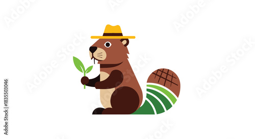 Cartoon beaver with a hat holding a plant