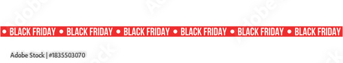 A red black friday banner with white text repeating across the length of the banner on white background , ribbons, stripes, tape