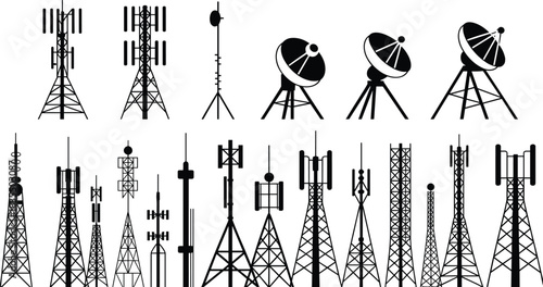 PrintBlack and white vector illustration set of various communication towers, radio antennas, cell phone masts, and satellite dishes, technology, and broadcasting collection.