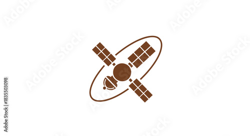Brown satellite icon with solar panels and a curved orbit path.