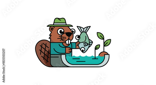 Cartoon beaver in hat holding fish near pond & plant