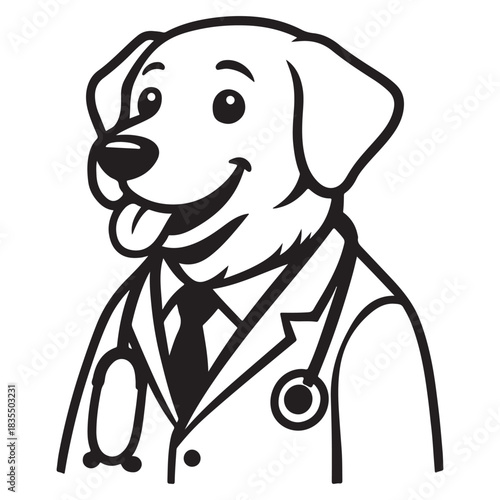 Friendly dog dressed as doctor, cheerful pose, caring mood, gentle charm.