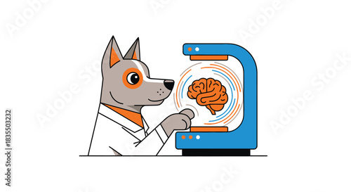 Cartoon of dog scientist with brain scan machine