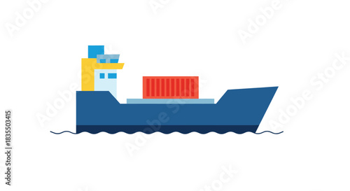 Shipping vessel with a container, in a flat, geometric style