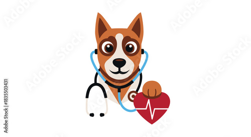 Cartoon dog vet with stethoscope and paw on a heart with pulse line