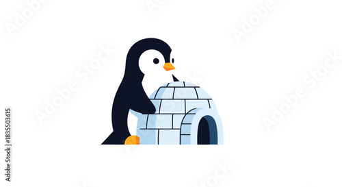 Cartoon penguin stands next to a blue igloo