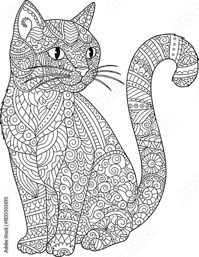 “Intricate Zentangle Cat Coloring Page – Decorative Adult Coloring Book Illustration with Detailed Patterned Cat Design for Relaxation and Creativity”
